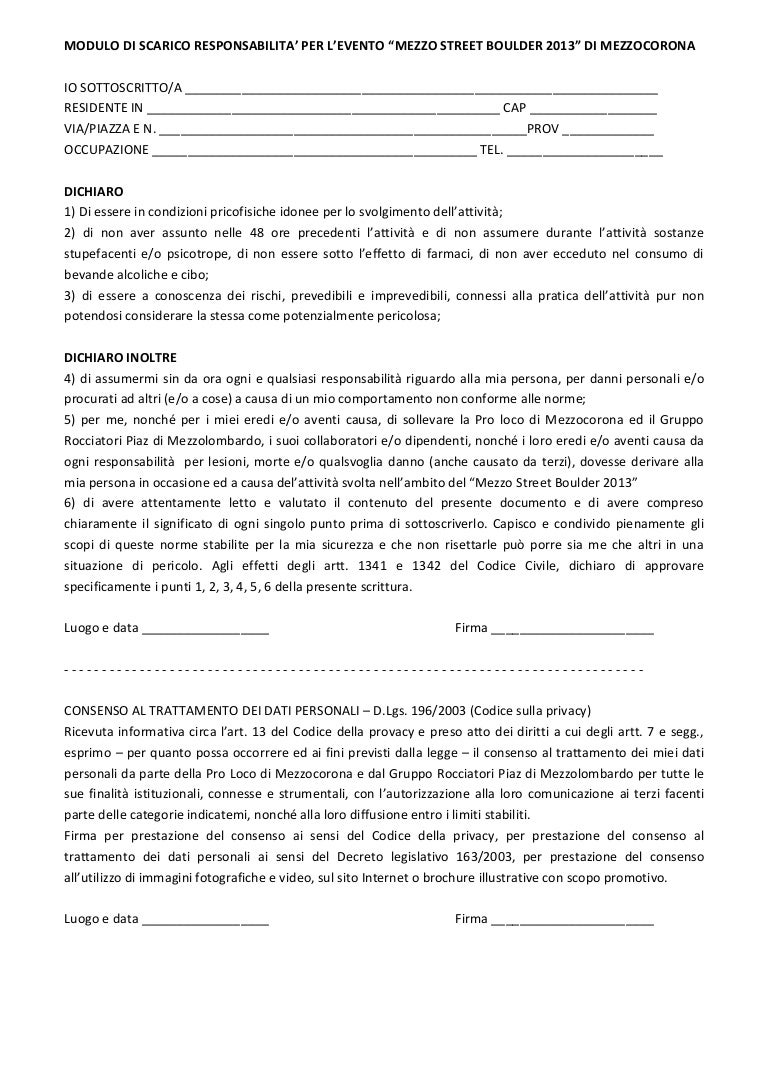 modello scarico di responsabilita