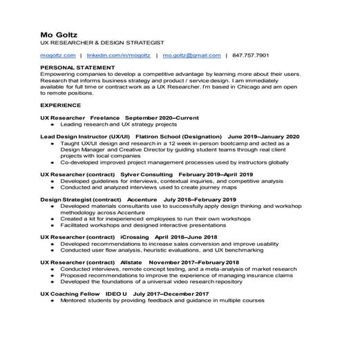 Mo Goltz -  Resume - UX Researcher w21ats