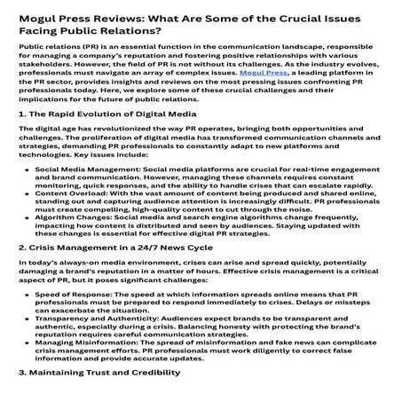 Mogul Press Reviews What Are Some of the Crucial Issues Facing Public Relatio...