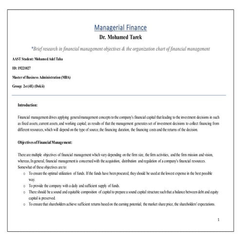 financial management objectives & the organization chart of financial management