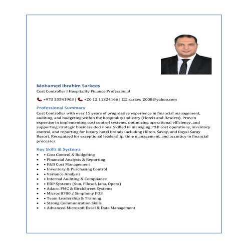 Mohamed Sarkees - Cost Controller with over 15 years