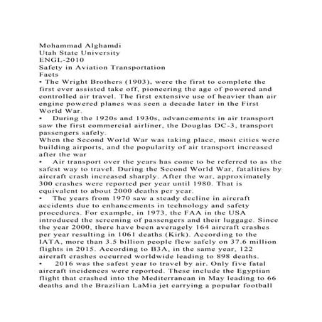 Mohammad AlghamdiUtah State UniversityENGL-2010Safety in Avi.docx