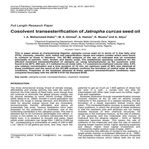 Cosolvent Transesterification of Jatropha Curcas Seed Oil