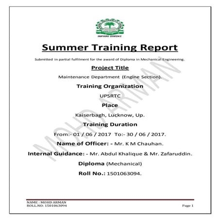 Summer Training Report for Diploma (mechanical) Students