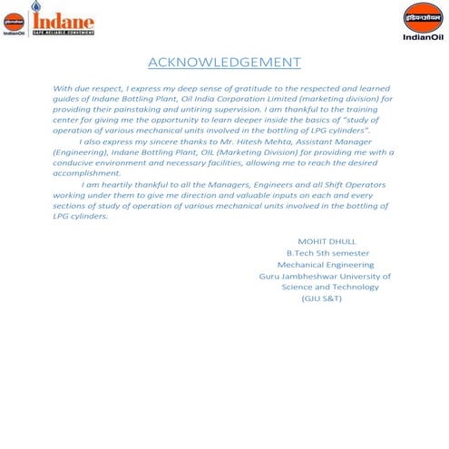 PROJECT REPORT ON VARIOUS MECHANICAL UNITS INVOLVED IN THE BOTTLING OF LPG CYLINDERS BY MOHIT DHULL IN PDF 