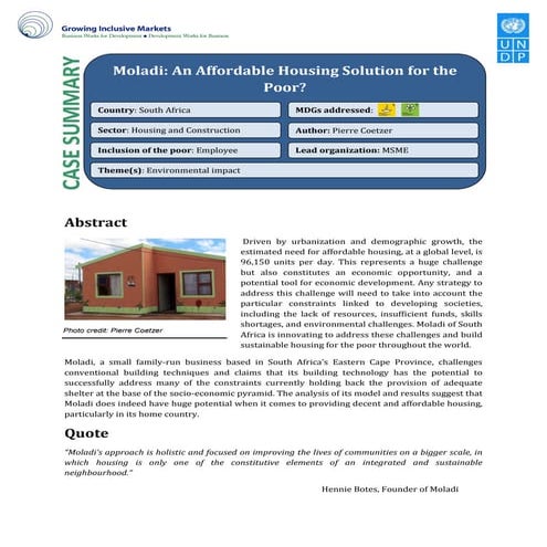 Moladi affordable housing solution for the poor - UNDP report