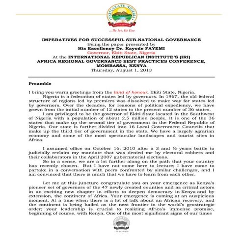 Imperatives For Successful Sub-National Governance