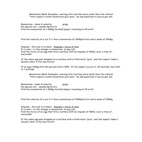 Momentum Math Examples