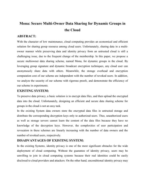 Mona secure multi owner data sharing for dynamic groups in the cloud