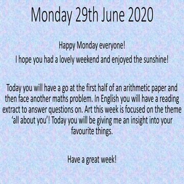 Monday 29th june 2020