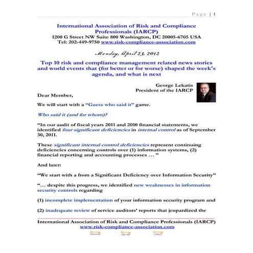 Monday April 23 2012 - Top 10 risk and compliance management related news sto...