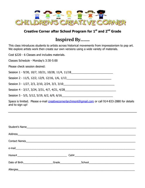 monday art class sign up sheet