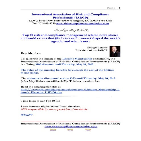 Monday May 7 2012 - Top 10 risk and compliance management related news storie...