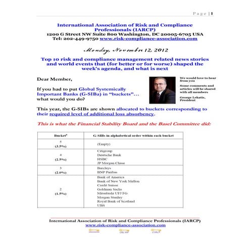 Monday November 12 2012 - Top 10 Risk Management News