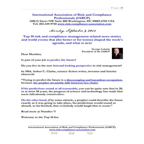 Monday September 3 2012 - Top 10 Risk Management News