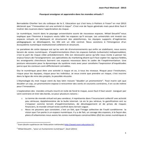 Pour quelles raisons utilise t-on un monde de virtuel en pédagogie ?