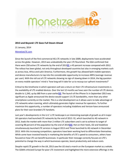From MonetizeLTE.com: 2013 and Beyond - LTE Goes Full Steam Ahead