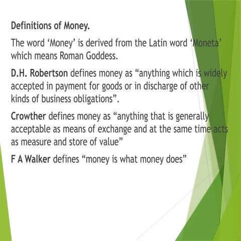 Money and it's categories and explanation