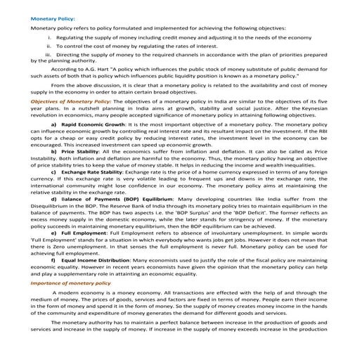 Moneytary policy, objectives and limitations