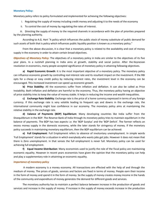 Moneytary policy, objectives and limitations