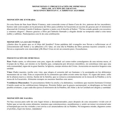 Moniciones y presentación de ofrendas. d iacono cristian cárdenas