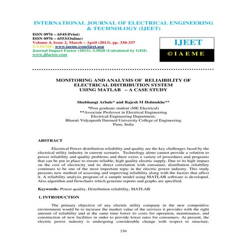 Monitoring and analysis of  reliaibility of electrical distribution system