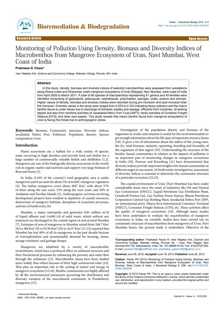 Monitoring of pollution using density, biomass and diversity indices of macro...