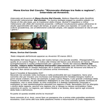 Enrico Dal Covolo: Intervista ad Avvenire, Rinnovato dialogo tra fede e ragione
