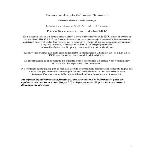 Montaje control de velocidad crucero - Tempomat Golf 4 IV