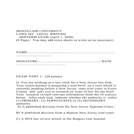 MONTCLAIR UNIVERSITYLAWS 362  LEGAL WRITING   MIDTERM.docx