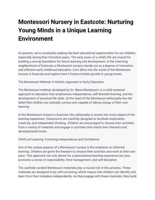 Benefits of Montessori Education Activities | PDF