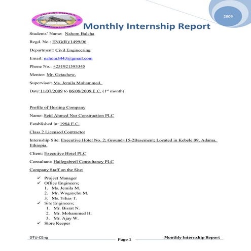 Monthly(1st &amp; 2nd) internship report by nahom