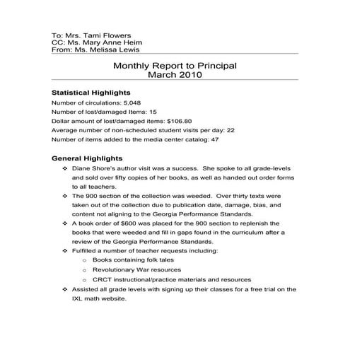 Monthly Report To Principal