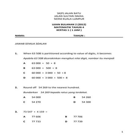 Montly test 2 year 4 (kertas 1)