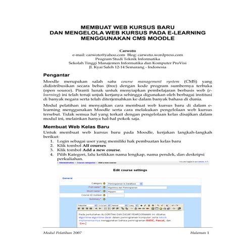 Membuat Web Kursus Baru dan Mengelola Web Kursus pada E-Learning Menggunakan CMS Moodle