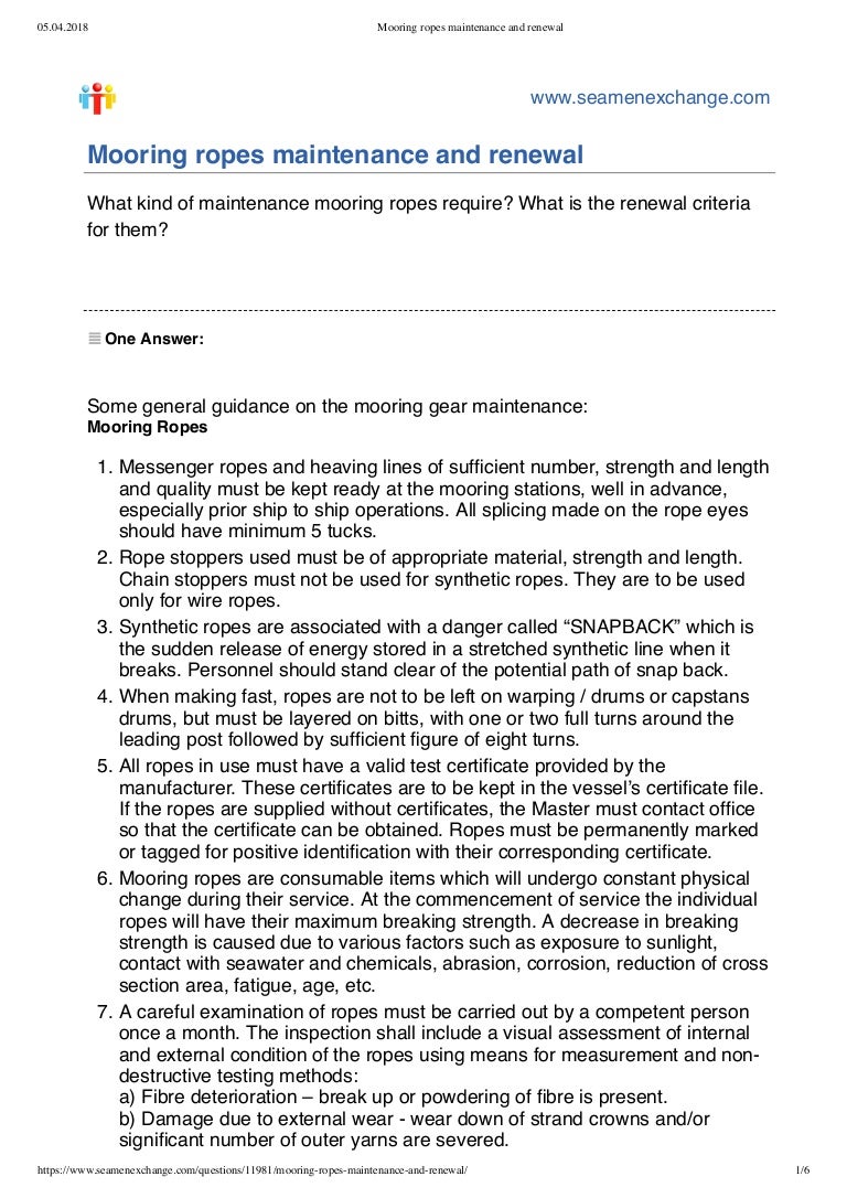 Mooring ropes maintenance and renewal