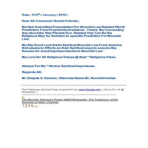 Moorish law related world prediction from prophet nostradamus .