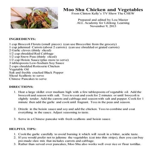 Moo Shu Chicken and Vegetables