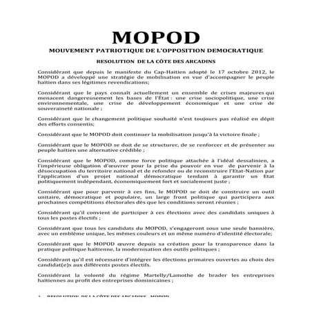 Haiti: Resolution d'un groupe de l'opposition politique MOPOD | PDF