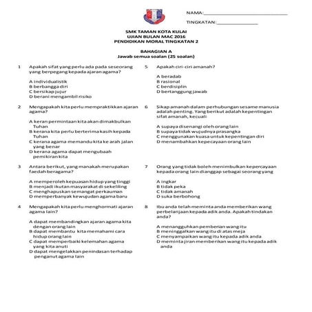 SOALAN UJIAN MAC PENDIDIKAN MORAL TINGKATAN 2