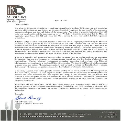 Mo restaurant association sb365  hb759