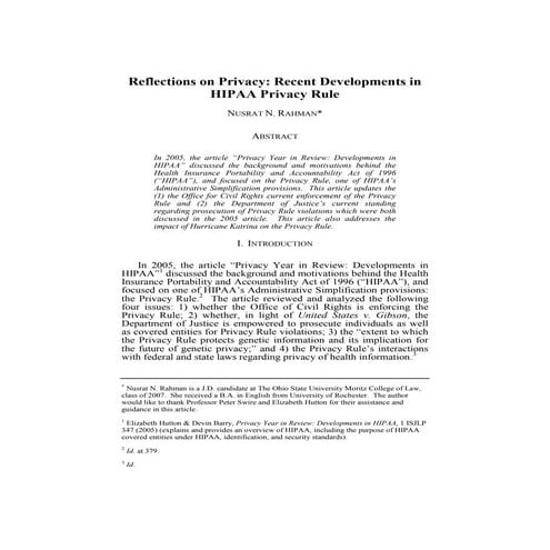 Reflections on Privacy: Recent Developments in  HIPAA Privacy Rule
