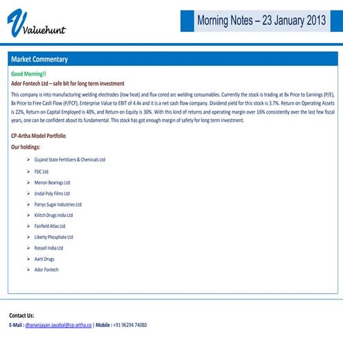 ValueHunt Morning Note 23 Jan 2013