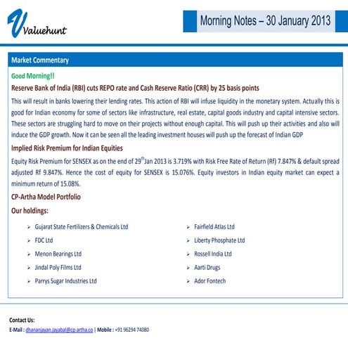 ValueHunt Morning news & views 30th Jan 2013