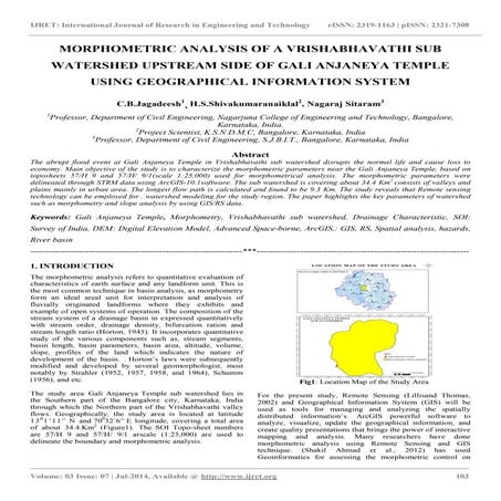 Morphometric analysis of a vrishabhavathi sub watershed upstream side of gali...