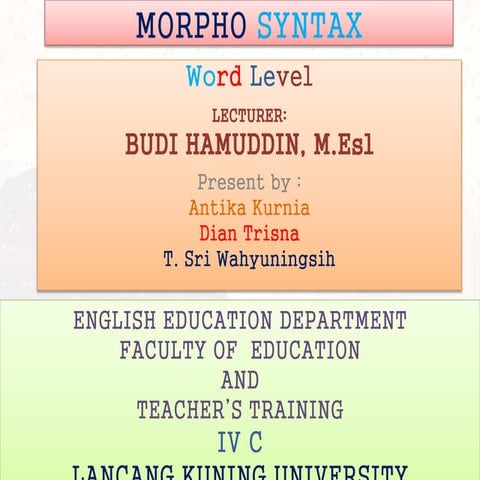 WORD LEVEL in Syntax, Lecturer Budi Hamuddin, M.esl, Presented by Second Group