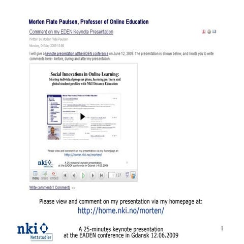 Social Innovations in Online Learning: Sharing Individual Progress Plans, Lea...