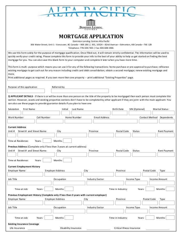 Mortgage application form alta pacific