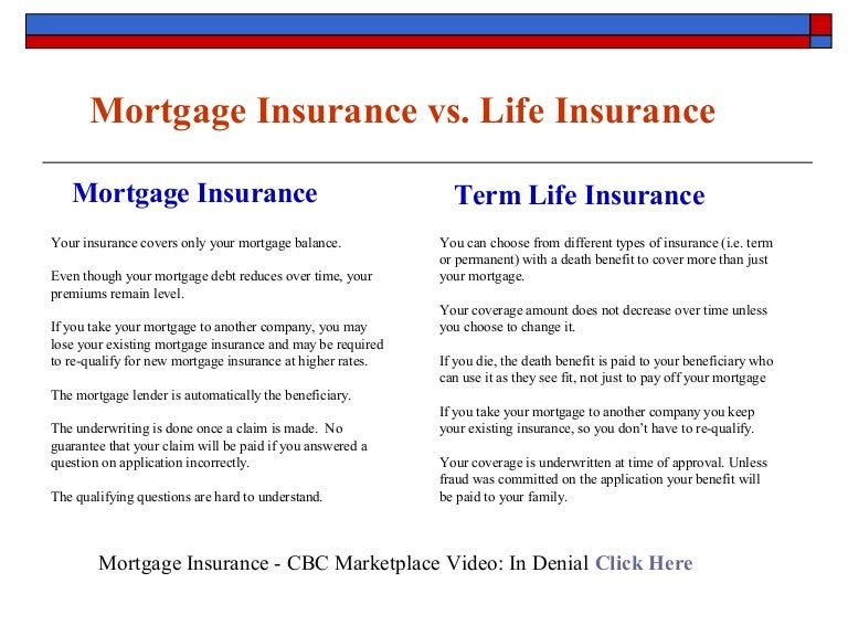 Mortgage insurance vs life insurance