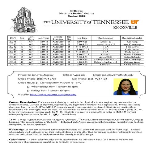 Moseley Math125 Syllabus Spring 2013